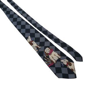 Vintage HSUS Men Necktie Playful Dog Print & Black Gray Checkered Design